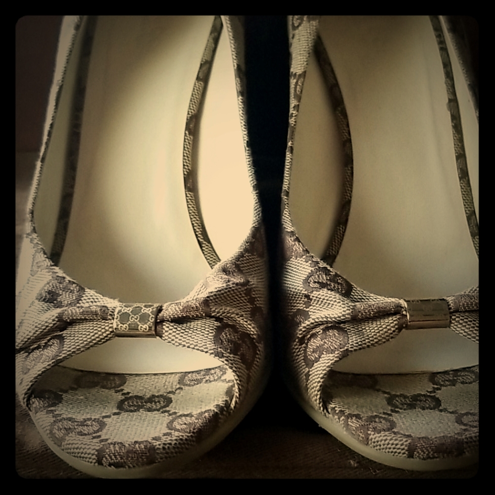 Gucci monogram peep toe heels